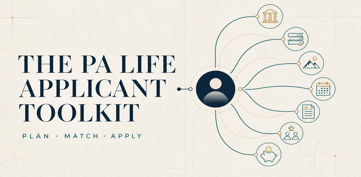 The PA Life Applicant Toolkit: Plan, Match, Apply. One applicant profile connects to school comparison, coursework, experience, calendar, documents, recommendations, and budget planning.